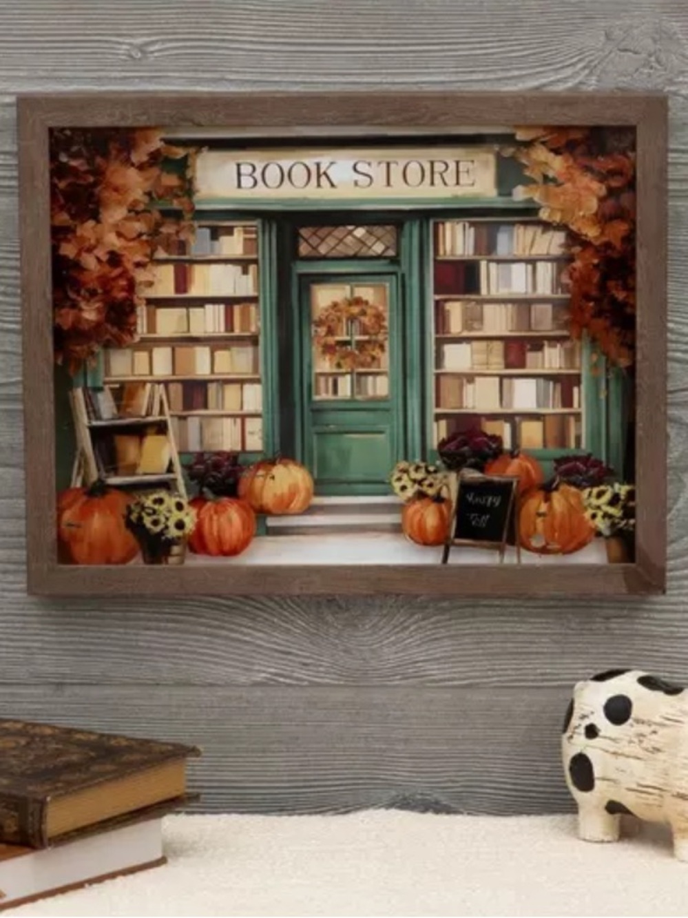 Hobby Lobby Framed Fall Bookstore Art - Green Door, Orange Pumpkins New! 2026